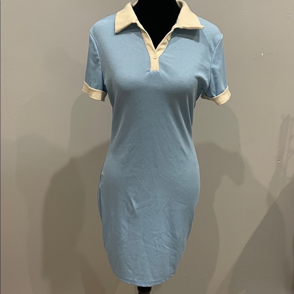 Blue Polo Dress with Cream Accents ribbed style